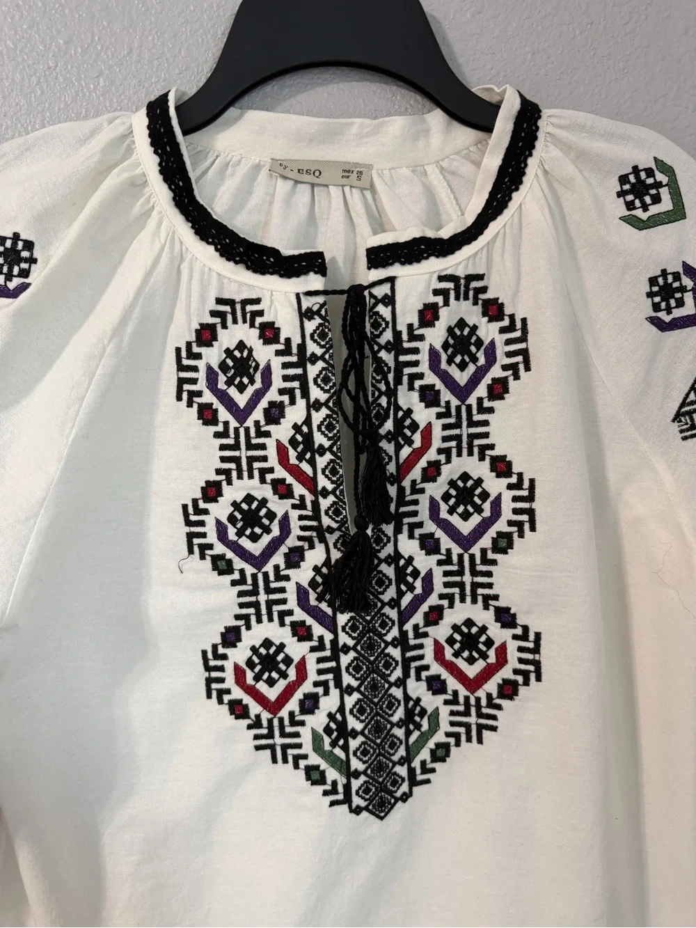 Embroidered White Peasant Blouse with Multicolor Accents - Picture 3 of 9